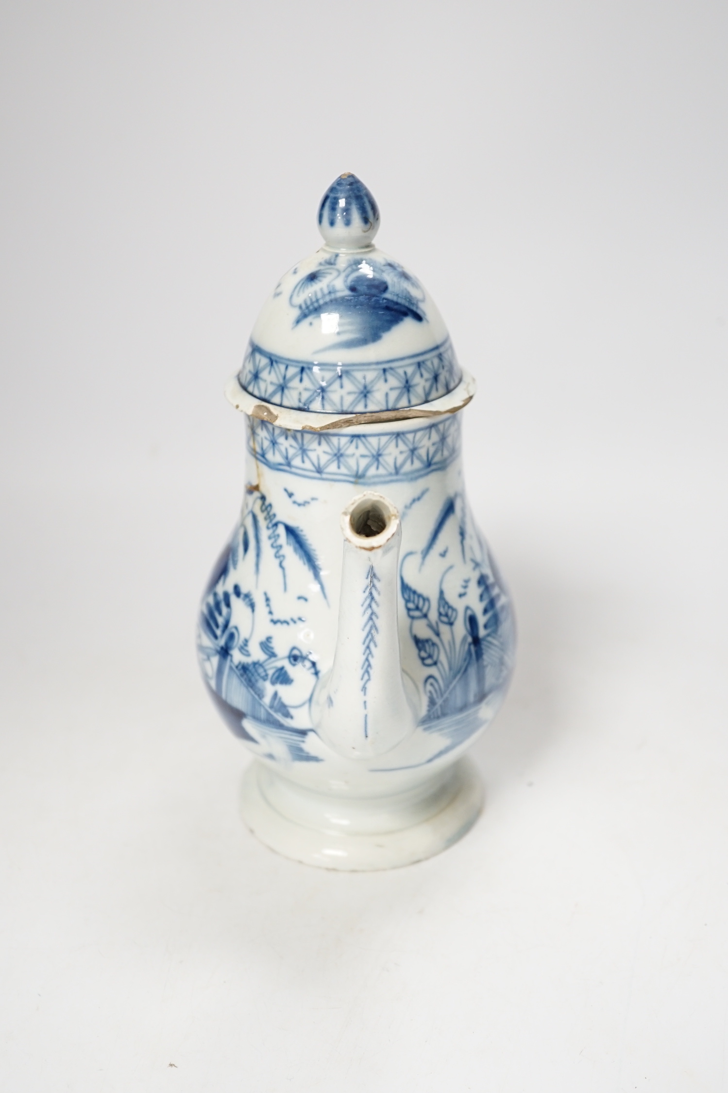 A late 18th century blue and white pearlware coffee pot and cover, 22cm high